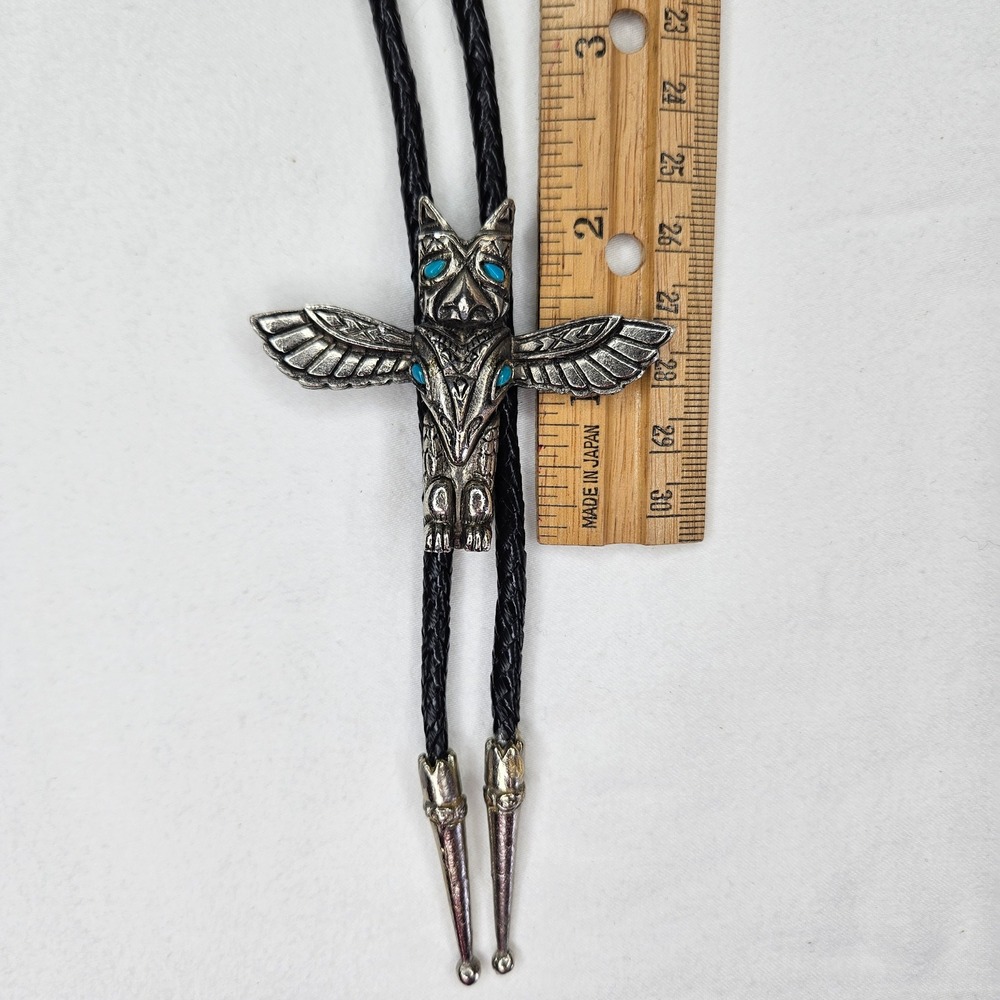 Vtg Bolo Tie Eagle Totem Silver Tone Turquoise Black Leather Braided Cord Native - Picture 2 of 8